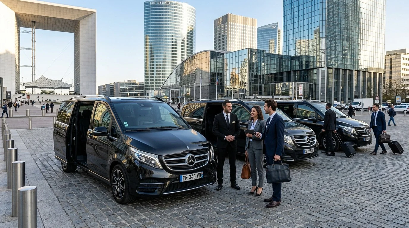 Convoi de 3 vans Mercedes Classe V Paris La Défense Grande Arche séminaire