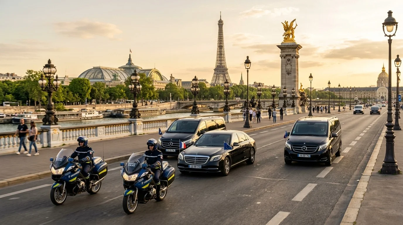 Cortège officiel diplomatique avec berlines Mercedes Classe S et vans escortés par motards de la Police nationale sur le pont Alexandre III à Paris