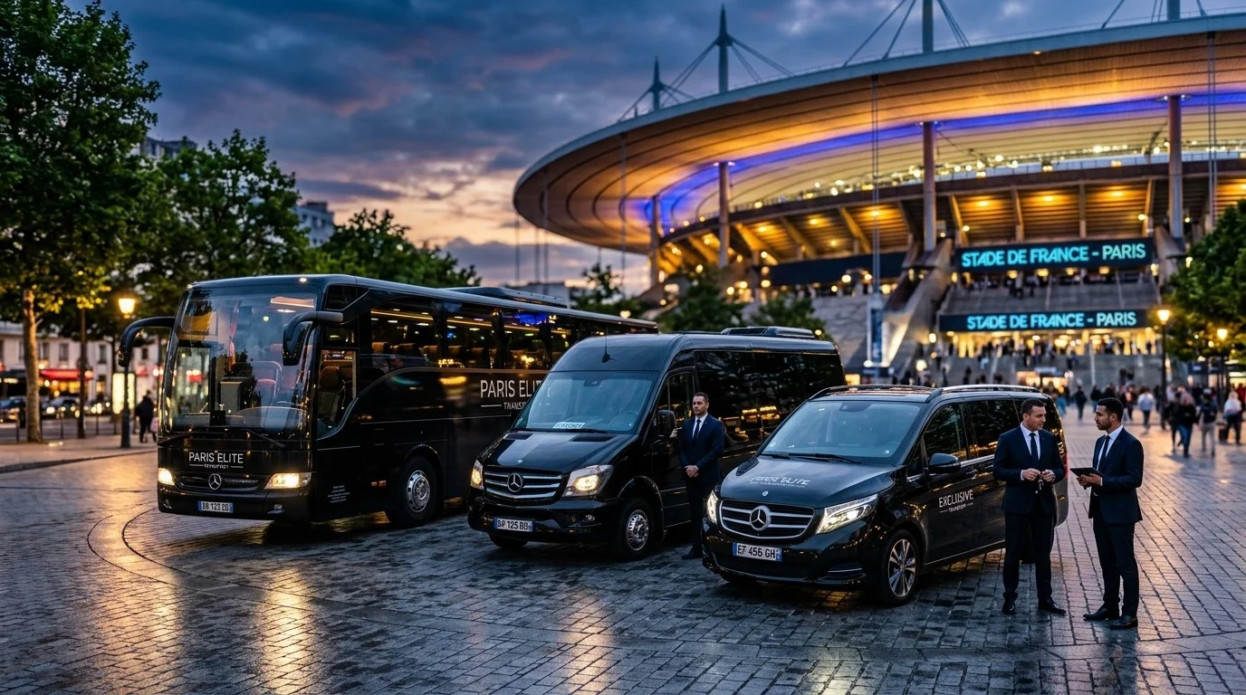Flotte combinée de transport pour événement sportif au Stade de France avec autocars grand tourisme, minibus sprinter et vans Mercedes