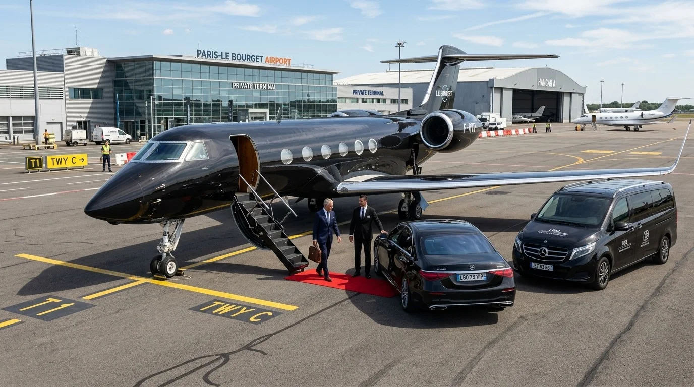 Chauffeur privé Mercedes Classe S et Classe V sur le tarmac au pied d'un jet privé à l'aéroport Paris-Le Bourget