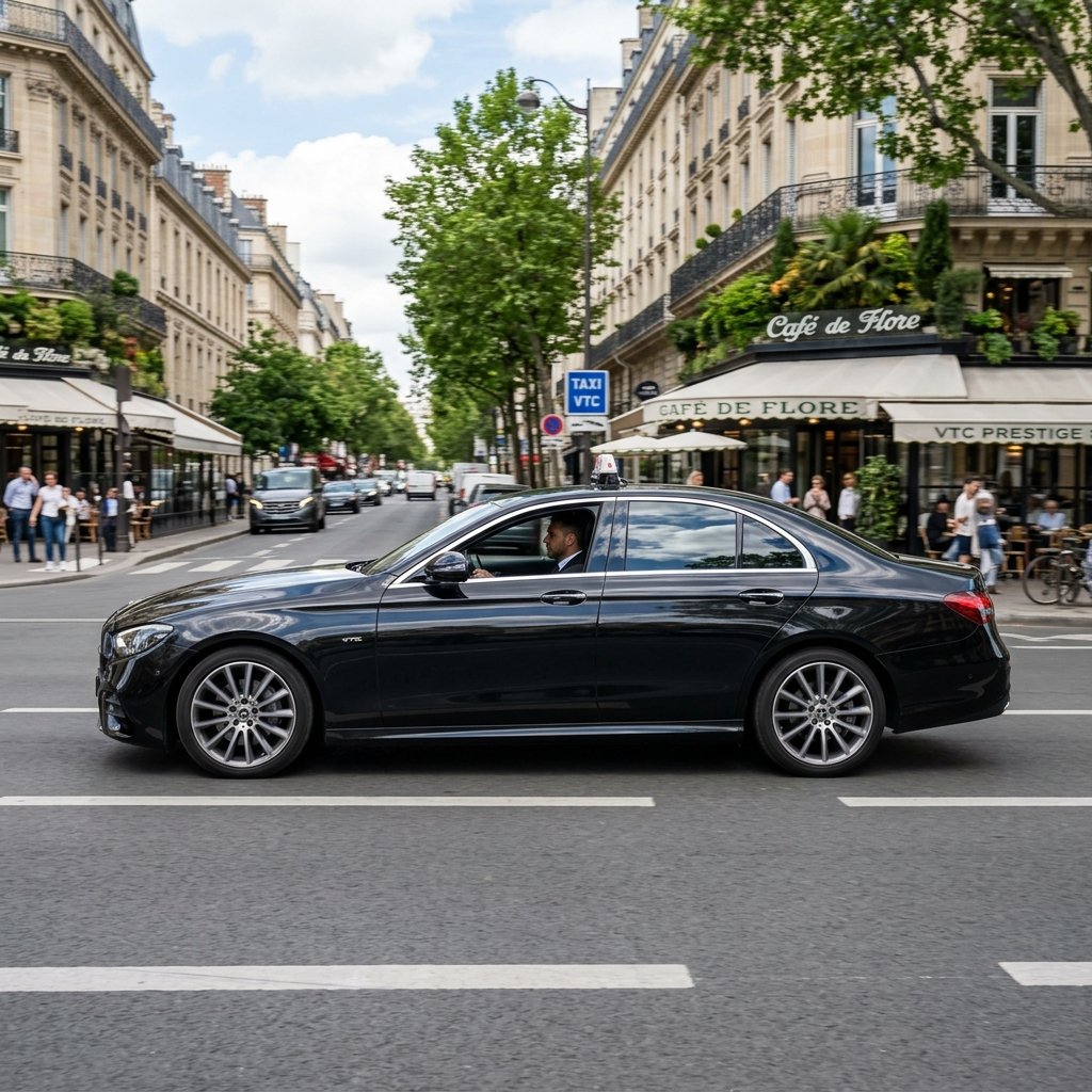 Mercedes-Benz Classe E noire, berline de luxe d'affaires VTC