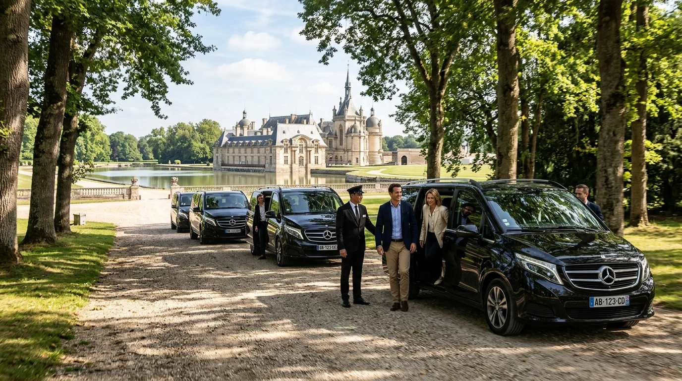 Convoi de vans Mercedes Classe V de luxe pour transport séminaire d'entreprise au Château de Chantilly et Paris
