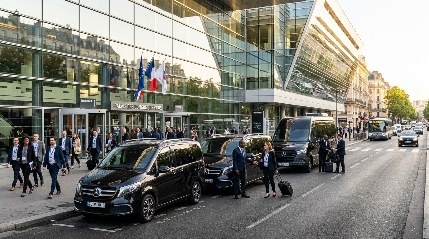 🏢 Flotte Vans & Minibus — Séminaires & Conventions au Palais des Congrès Porte Maillot 🇫🇷 avec plaque officielle TAXIVTCPARIS