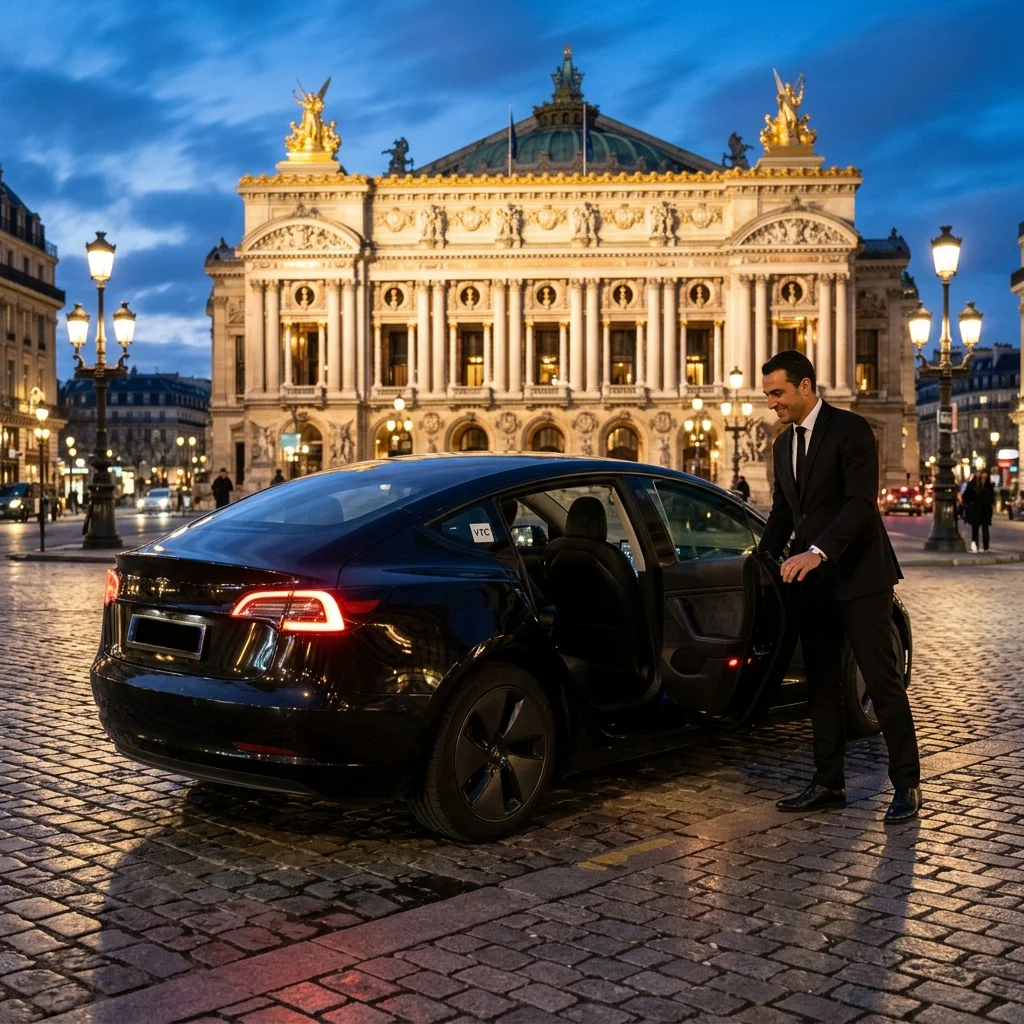 Tesla Model 3 Berline VTC de luxe avec chauffeur privé en costume devant le Palais Garnier Opéra de Paris