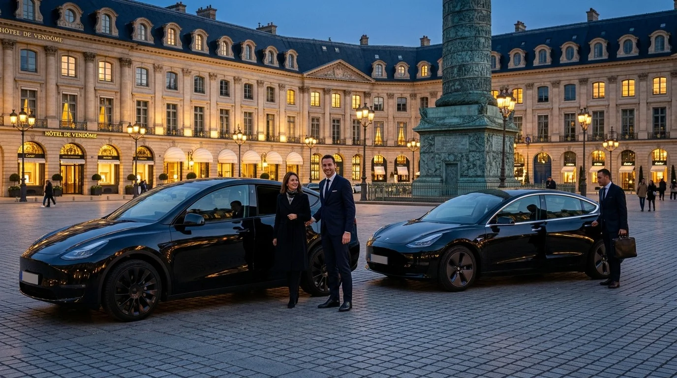 Duo Tesla Model Y et Tesla Model 3 Place Vendôme Paris Chauffeur Privé