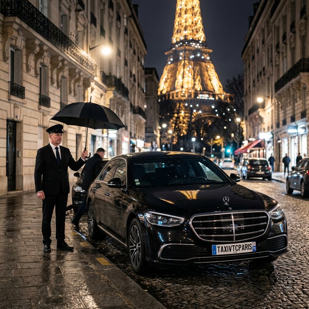 Chauffeur privé de prestige avec berline de luxe noire à Paris devant la Tour Eiffel